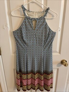 Blue Printed Halter Mini Dress with Multicolor Border